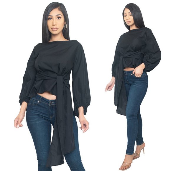 French Balloon Sleeve Cotton Blend Tie Front Paris Cocktail Tea Party Top T54601 - Picture 8 of 8